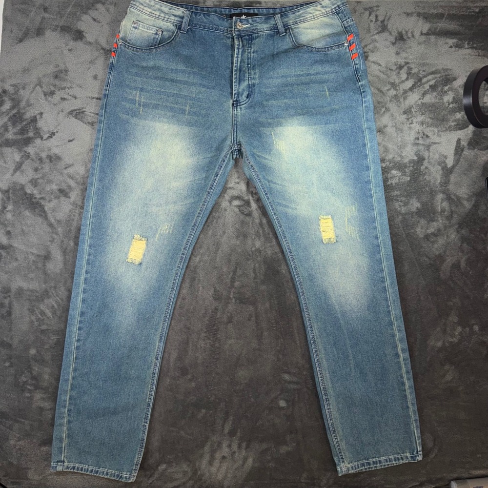 Mens 42 West Louis Jeans Blue Excellent Distressed Straight Leg Orange Accents